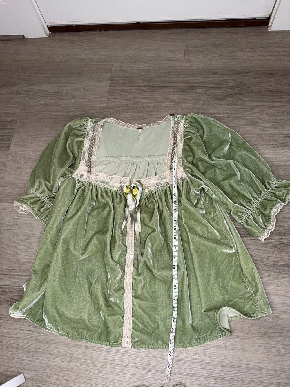 Free People Sage Green Velvet Blouse with Lace Trim - Picture 16 of 16